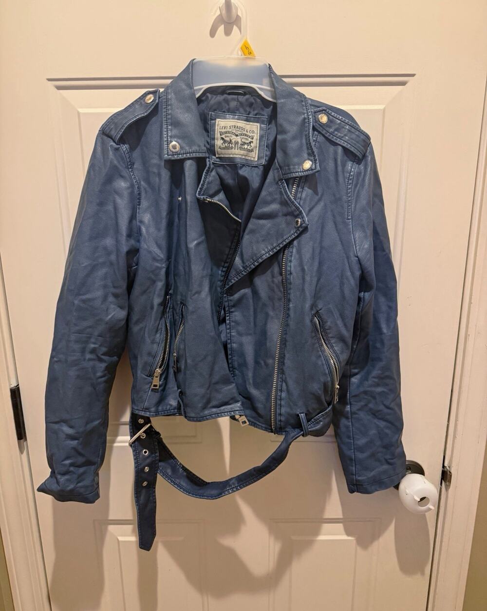 Levi Strauss & Co. Blue Biker Jacket Belted Zip Front Lined Zip Pockets L
